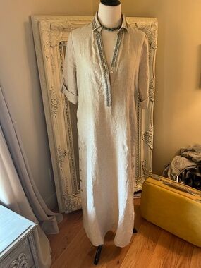 Beaded Trim Linen Tunic Dress - Neutral Beige